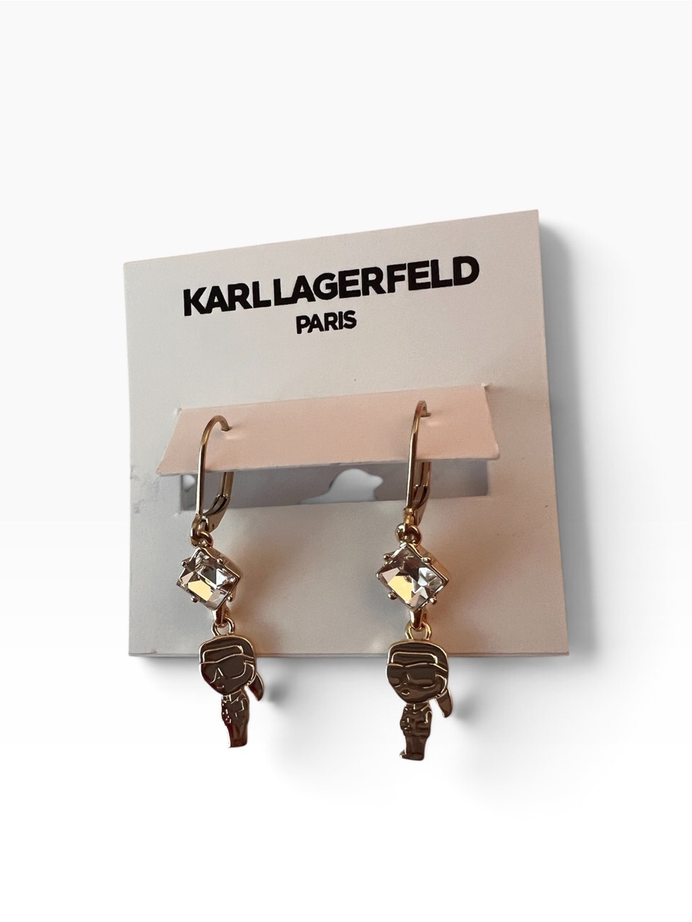 KARL LAGERFELD PARIS NWT whimsical Gold-Tone Crystal & Karl Double Drop Earring